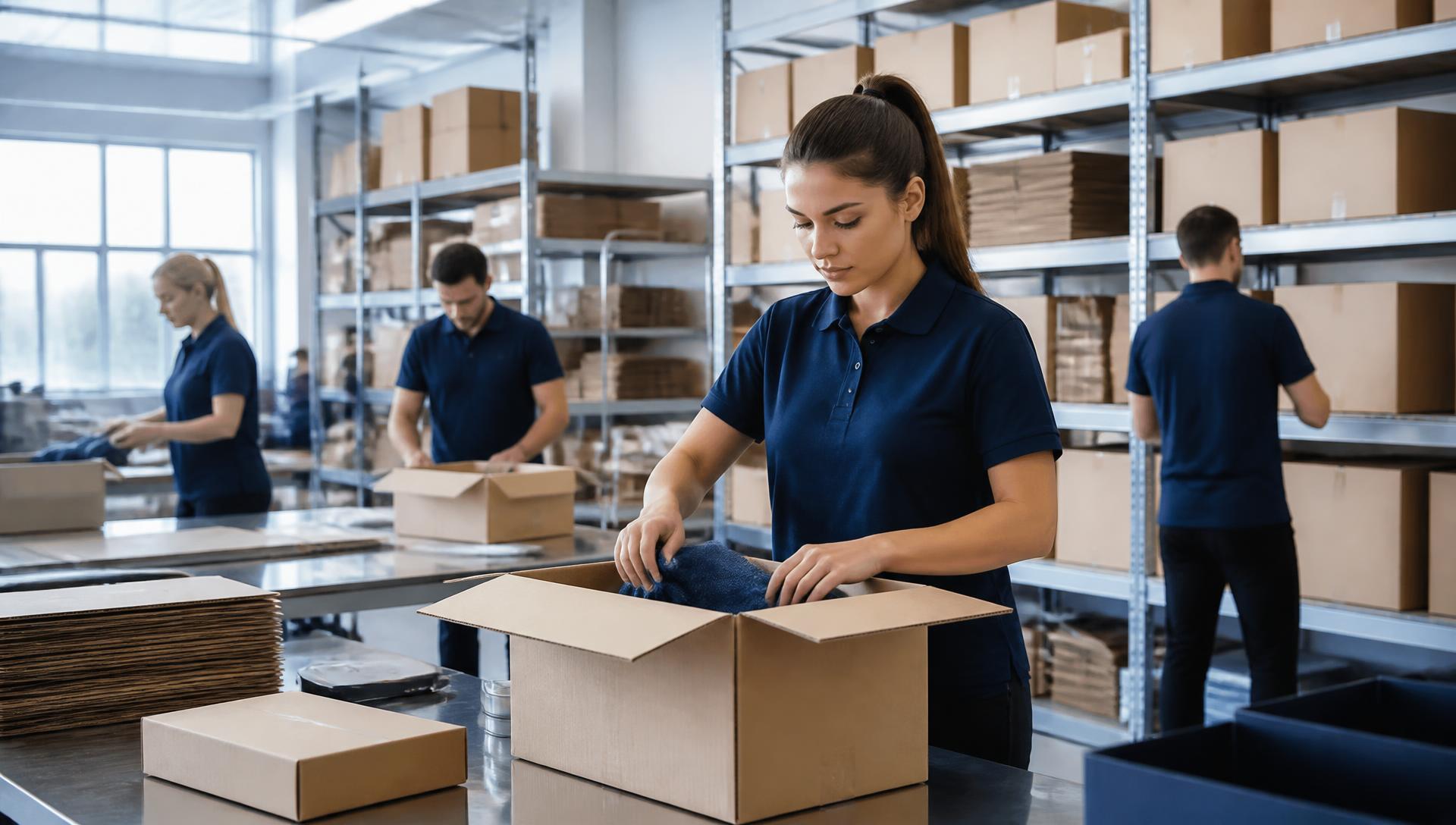 Fulfillment associates preparing customer orders in an organized warehouse
