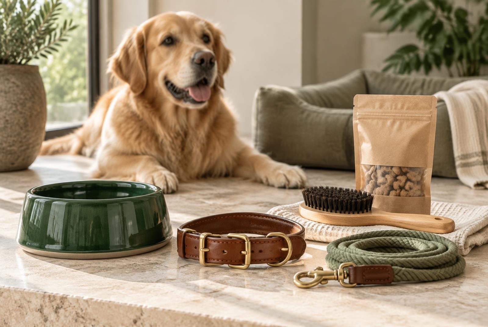 Premium dog bowl, leather collar, rope leash, grooming brush and treats with a golden retriever